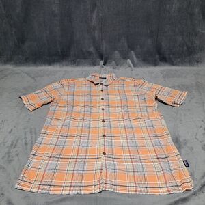 Patagonia Button Up Shirt Mens XL, Orange/ Gray Plaid Short Sleeve